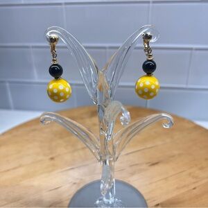 Vintage Retro Yellow Black Polka Dots Clip On Earrings